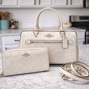 Coach Rowan Satchel & Matching Wallet  – Perforated Signature Leather – Chalk